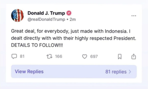 Tangkapan layar - Pernyataan Presiden Trump di akun Truth peribadinya terkait kesepakatan besar dengan Indonesia yang turut diposting Sekretariat Kabinet di akun Media Sosial, Selasa (15/7/2025).
