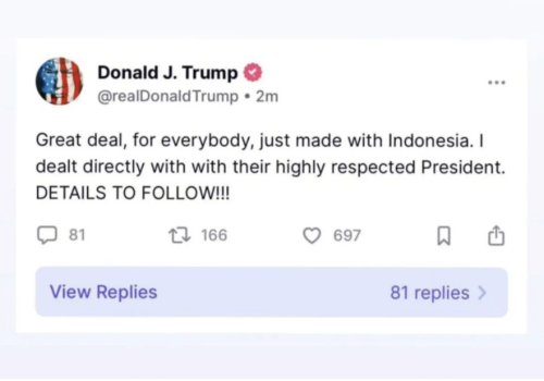 Tangkapan layar - Pernyataan Presiden Trump di akun Truth peribadinya terkait kesepakatan besar dengan Indonesia yang turut diposting Sekretariat Kabinet di akun Media Sosial, Selasa (15/7/2025).